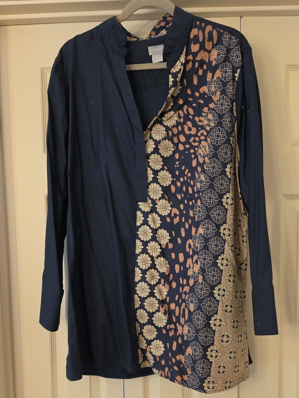 Chico's Navy Tunic Jacket with Cream & Blush Print Panel - Picture 2 of 6